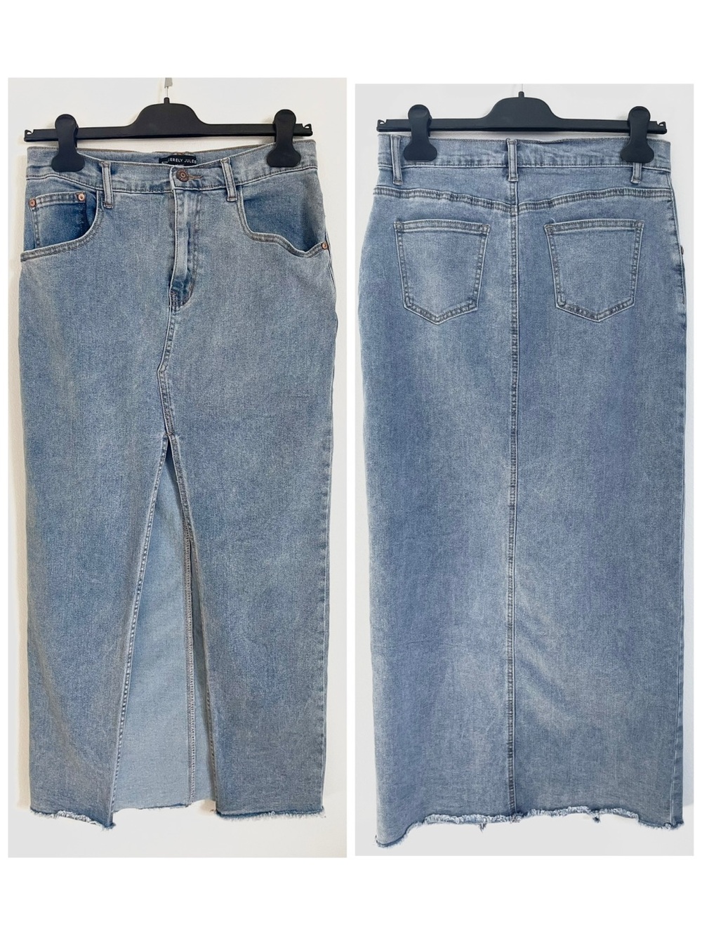 Sincerely Jules Light Blue Denim Midi Skirt With Front Slit Size 27 EUC